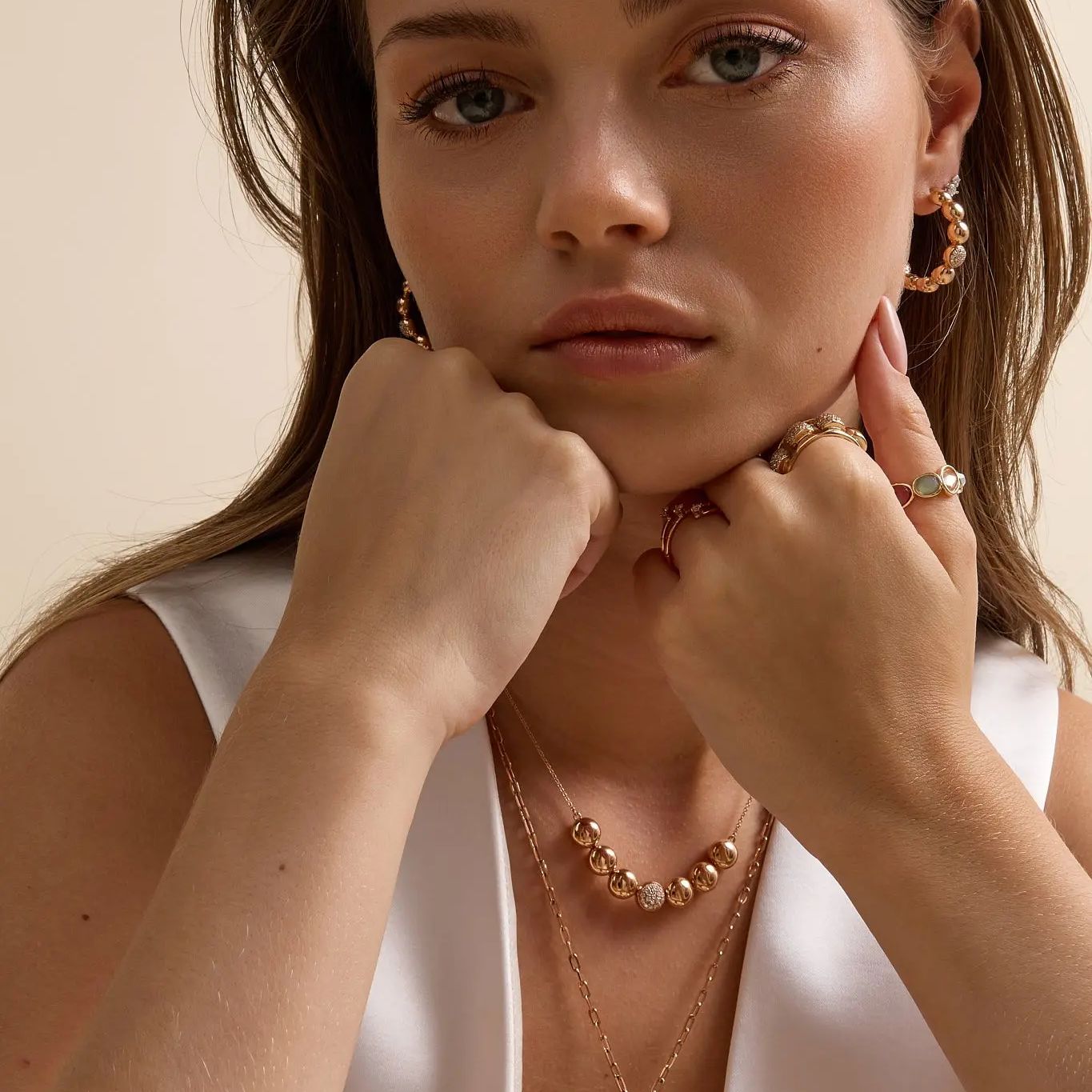 Gold Beaded Hoop Earrings with Diamond Accents in by REDAM JEWELRY